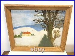 Vintage Folk Art Primitive Painting On Board Signed Framed