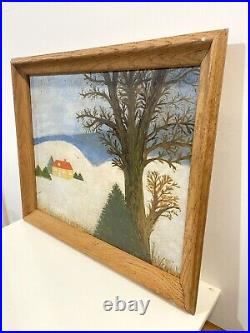 Vintage Folk Art Primitive Painting On Board Signed Framed
