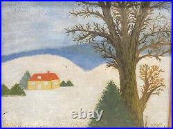 Vintage Folk Art Primitive Painting On Board Signed Framed