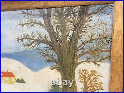 Vintage Folk Art Primitive Painting On Board Signed Framed