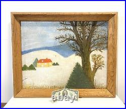 Vintage Folk Art Primitive Painting On Board Signed Framed