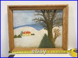 Vintage Folk Art Primitive Painting On Board Signed Framed