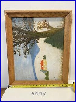 Vintage Folk Art Primitive Painting On Board Signed Framed