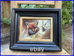 Vintage Fox Oil Painting Original Signed On Wood 11.5x9.5