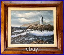 Vintage Framed Nautical Oil On Canvas Light House Sail Boats Angry Sea Signed