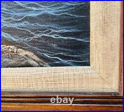Vintage Framed Nautical Oil On Canvas Light House Sail Boats Angry Sea Signed