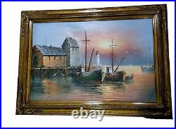 Vintage Framed Oil Painting, Signed by MAX SAVY. Harbor Dock Lighthouse