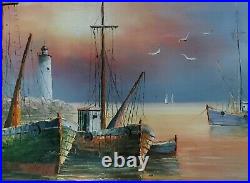 Vintage Framed Oil Painting, Signed by MAX SAVY. Harbor Dock Lighthouse