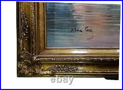 Vintage Framed Oil Painting, Signed by MAX SAVY. Harbor Dock Lighthouse