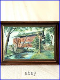 Vintage Framed Oil Painting of Covered Bridge Signed
