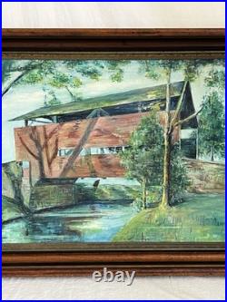 Vintage Framed Oil Painting of Covered Bridge Signed