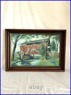 Vintage Framed Oil Painting of Covered Bridge Signed