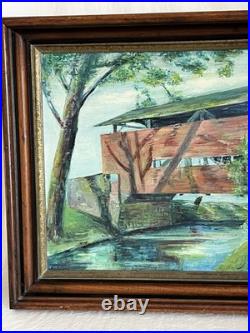 Vintage Framed Oil Painting of Covered Bridge Signed