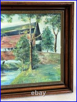 Vintage Framed Oil Painting of Covered Bridge Signed