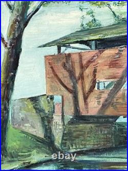 Vintage Framed Oil Painting of Covered Bridge Signed