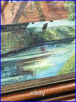 Vintage Framed Oil Painting of Covered Bridge Signed