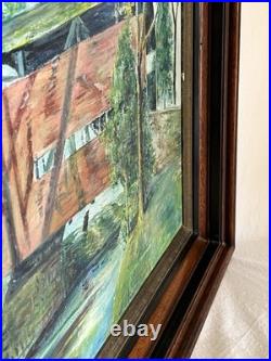 Vintage Framed Oil Painting of Covered Bridge Signed