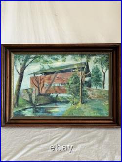 Vintage Framed Oil Painting of Covered Bridge Signed