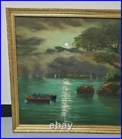 Vintage Framed Oil Painting of a Moonlit River Signed by Artist