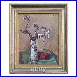 Vintage Framed Original Signed Painting on Canvas with Wilted Lilies Still Life