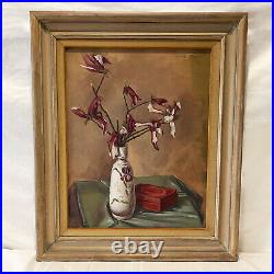 Vintage Framed Original Signed Painting on Canvas with Wilted Lilies Still Life