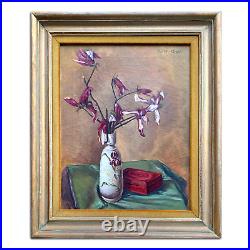 Vintage Framed Original Signed Painting on Canvas with Wilted Lilies Still Life