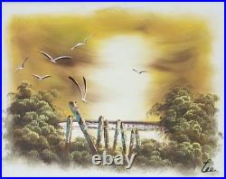 Vintage Framed Seascape Oil Painting Birds & Coastal Scene Signed Leo Lea