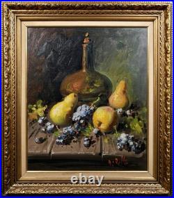 Vintage Framed Signed Still Life Oil Painting On Canvas Fruits and A Jug