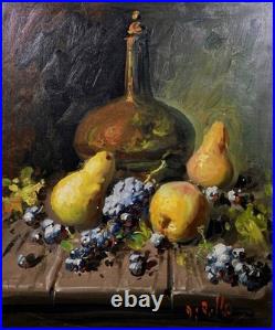 Vintage Framed Signed Still Life Oil Painting On Canvas Fruits and A Jug