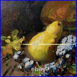 Vintage Framed Signed Still Life Oil Painting On Canvas Fruits and A Jug