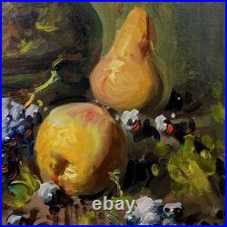 Vintage Framed Signed Still Life Oil Painting On Canvas Fruits and A Jug