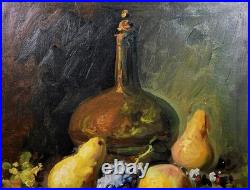 Vintage Framed Signed Still Life Oil Painting On Canvas Fruits and A Jug