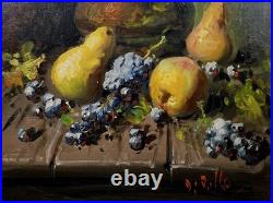 Vintage Framed Signed Still Life Oil Painting On Canvas Fruits and A Jug