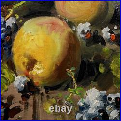 Vintage Framed Signed Still Life Oil Painting On Canvas Fruits and A Jug