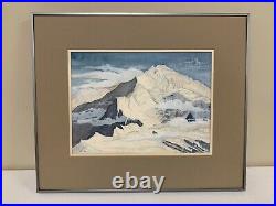 Vintage Framed Watercolor Alaska Mountains Painting Signed Artwork Wall Art