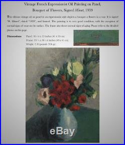Vintage French Expressionist Oil Painting on Panel, Bouquet of Flowers, Signed