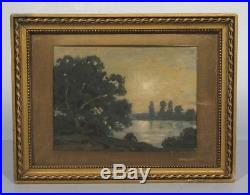 Vintage French Miniature Oil Painting Landscape by Night Moonlight River, Signed
