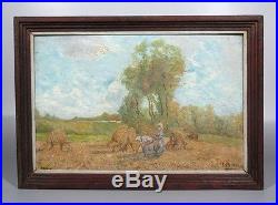 Vintage French Oil Painting, Harvest, Peasant Women, Cow, Signed Choteau, 1949