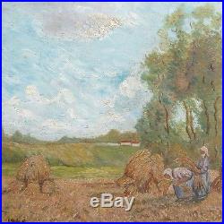 Vintage French Oil Painting, Harvest, Peasant Women, Cow, Signed Choteau, 1949