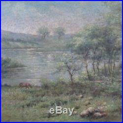 Vintage French Oil Painting, Impressionist Landscape, River & Cow, Signed, 1944