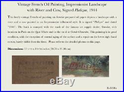 Vintage French Oil Painting, Impressionist Landscape, River & Cow, Signed, 1944