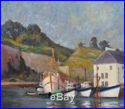 Vintage French Oil Painting, Port-en-Bessin, Normandy, Seascape, Boats, Signed