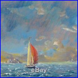 Vintage French Oil Painting, Seascape, Marine, Sailboat, Islands, Signed Vial
