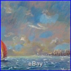 Vintage French Oil Painting, Seascape, Marine, Sailboat, Islands, Signed Vial