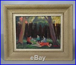 Vintage French Oil Painting, Summer Afternoon in a Garden, Young Women, Signed