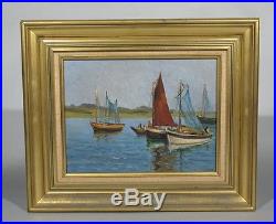Vintage French Painting, Seascape, Fishermen, Boats, Harbor, Signed Alex Ledoux