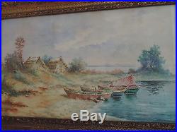 Vintage French Provence Watercolor Seaside Painting Boats c. 1940 Gilt Frame Sign