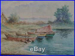 Vintage French Provence Watercolor Seaside Painting Boats c. 1940 Gilt Frame Sign
