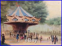 Vintage French Signed Pierre Oil Board Paris Carousel Scene Impressionistic