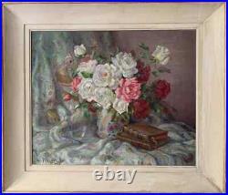 Vintage French Still Life Roses with Chinoiserie Oriental Bird Fabric Signed Oil